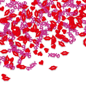 Macro shot of red hearts, lips and pink XOXO confetti for Valentine's party table decor