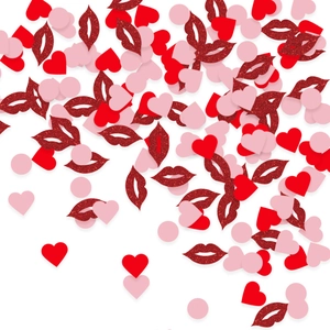 Glittering red lips and heart-shaped confetti mix for romantic Valentine party decoration