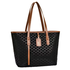 Classic patterned large capacity tote bag with black fabric and brown leather trim