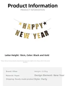 Vue détaillée de la bannière Happy New Year noir et or avec lettres en papier de 18cm