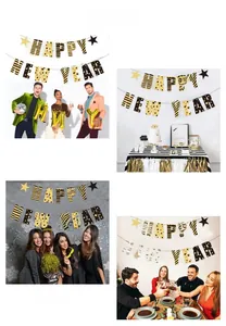 Vue détaillée du kit de banderoles Happy New Year noir et or avec décors d'étoiles