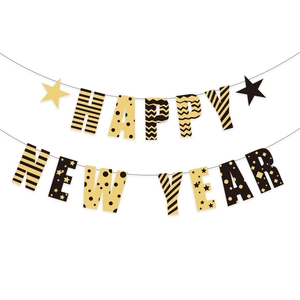 Guirlande Happy New Year noir et or avec motifs géométriques pour décor de fête