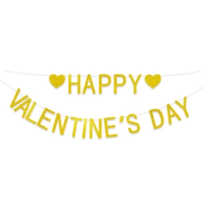 Dettaglio dello striscione Happy Valentine's Day in oro glitterato con cuori lucidi