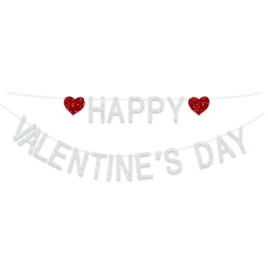 Striscione glitter Happy Valentine's Day con cuori rossi su sfondo bianco puro