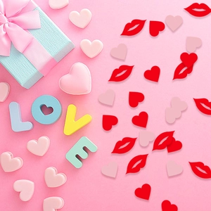 Valentine's Day wedding confetti set with LOVE letters, red lips and heart sequins