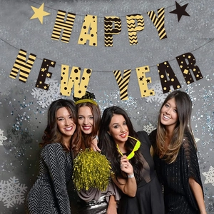 Kit de bannières Happy New Year noir et or avec motifs étoiles pour décoration de fête