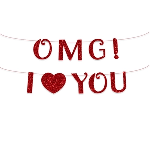 Bannière pailletée rouge avec texte OMG et I Heart You pour décoration de la Saint-Valentin
