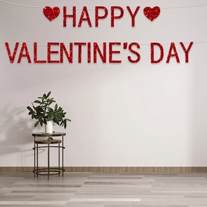 Striscione rosso glitter Happy Valentine's Day con cuori per decorazione di festa