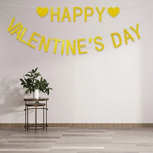 Striscione glitterato oro Happy Valentine's Day con cuori per decorazioni di nozze e feste