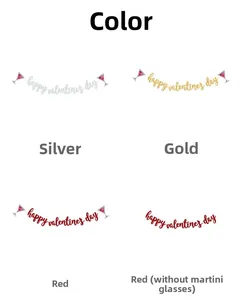 Detalle de carteles de Happy Valentines Day en acabados de purpurina oro, plata y rojo