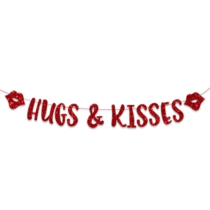 Détail de la bannière Hugs & Kisses pailletée rouge avec lèvres pour décoration