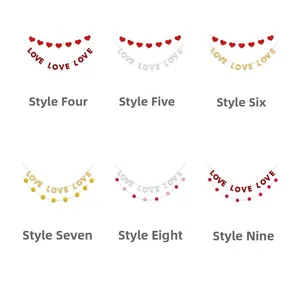 Detail view of colorful heart and LOVE letter garlands in six decorative styles
