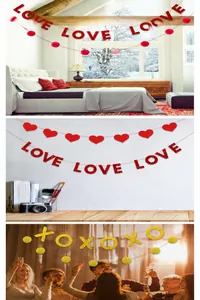 Three lifestyle scenes showing Glitter LOVE and XOXO banners with red pom pom garlands