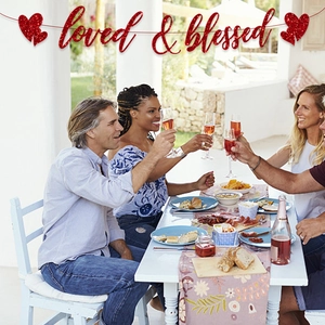 Red glitter loved & blessed banner with heart shapes for Valentine's day and wedding decor