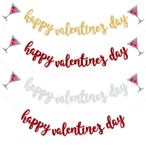 Glitzer Valentinstag Banner Set in Gold, Rot und Silber mit Martini-Glas und Lippen-Motiv