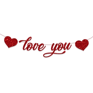 Red glitter love you banner with hearts for Valentine's Day party and wedding decoration