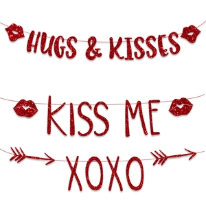 Bannière De Saint Valentin Paillettes Rouges Hugs And Kisses Kiss Me XOXO Guirlande Pour Mariage Fête Décorations