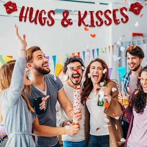 Bannière rouge pailletée HUGS & KISSES avec lèvres pour décoration de la Saint-Valentin
