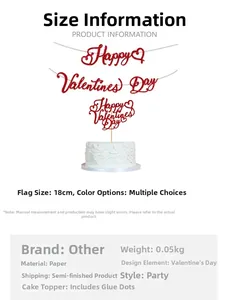 Glitter Happy Valentines Day banner en taarttopper set met afmetingen en materiaalgegevens