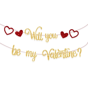 Pancarta dorada 'Will you be my Valentine?' con detalles de corazón rojo brillante