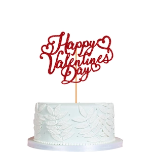 Sparkling red Happy Valentine's Day glitter cake topper with heart decor on cake