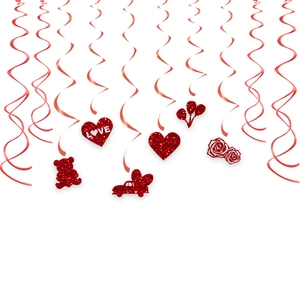 Sparkly red Valentine's Day hanging decorations with glitter hearts and LOVE swirls