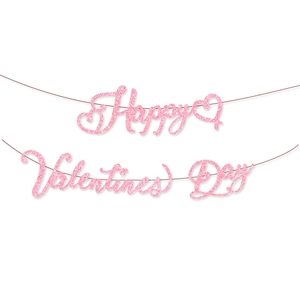 Close-up of pink glittery Happy Valentine's Day banner with heart patterns and brown string