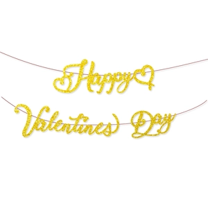 Detail of glittery gold Happy Valentine's Day banner with heart accents and red string