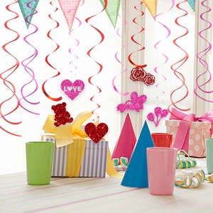 Valentine's Day hanging spiral decorations with red and pink heart love themed cards