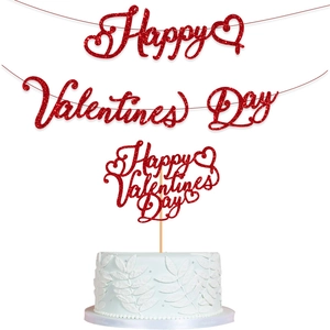 Red glittery Happy Valentines Day banner set with matching heart cake toppers decoration
