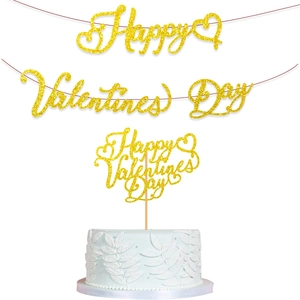 Close-up of golden glitter Happy Valentines Day banner and matching cake topper set