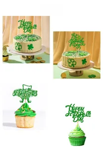 Close-up of glittery green Happy St. Patrick's Day cake toppers on festive desserts
