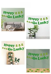 Détail de la bannière verte pailletée Happy Go Lucky avec trèfles pour la Saint-Patrick