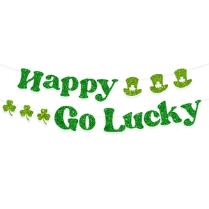 Bannière Happy Go Lucky pailletée avec trèfles verts pour décoration de la Saint-Patrick