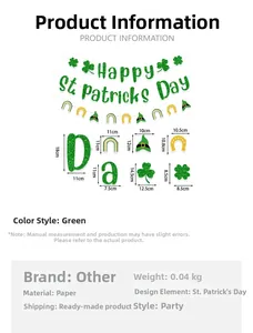 Size chart for St. Patrick's Day party banner showing dimensions of shamrocks and rainbows