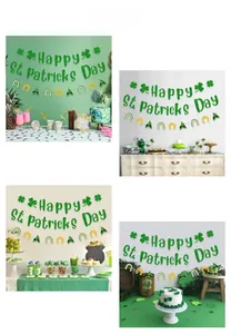 Detail of St. Patrick's Day banner set with glitter lucky clovers and green hat decors