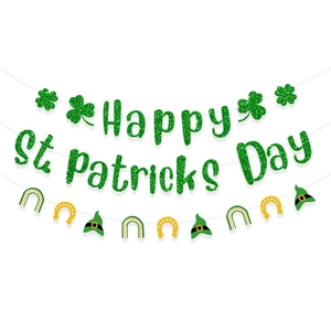 Glittery Happy St. Patricks Day banner with green shamrock and rainbow hanging decor