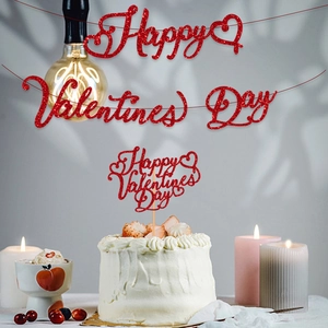 Glitter Paper Happy Valentine's Day Banner And Cake Topper Romantic Heart Party Garland Hanging Decoration For Wedding Birthday