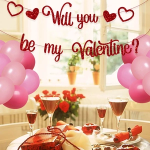 Kit de decoración para San Valentín con pancarta brillante y globos rosados románticos