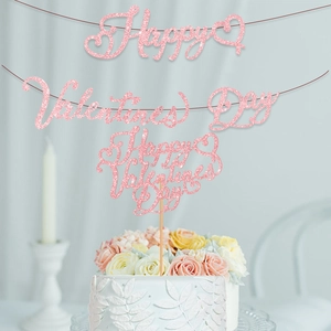 Pink glittery Happy Valentine's Day party banner and cake topper set for decorations