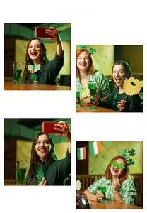 St. Patrick's Day photo booth props including shamrock glasses and green bow ties