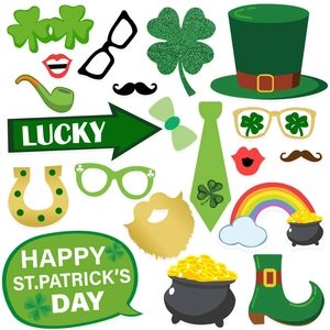 Green St. Patrick's Day photo booth props set with shamrocks and festive hats