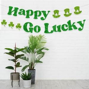 Bannière scintillante Happy Go Lucky avec trèfles pour décoration de fête Saint-Patrick