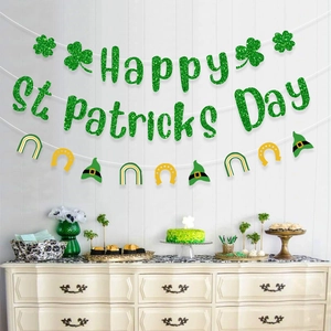 Glittery Happy St Patrick's Day banner set with clovers and leprechaun hat party decor