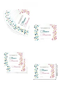 Detail view of gender reveal cards with dimensions and Prince or Princess voting options