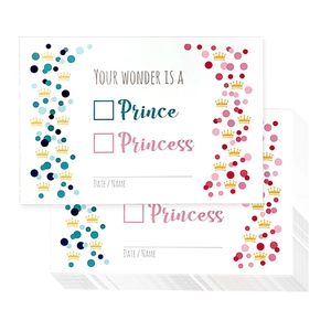 Gender reveal party prediction cards with gold crowns and prince or princess voting options