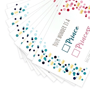 Gender reveal party prediction cards with prince and princess options and gold crown