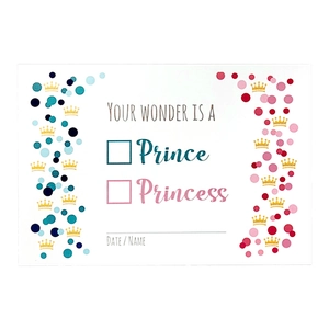 Gender reveal party voting card with prince or princess options on white cardstock