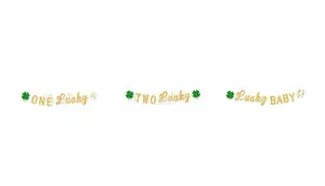 Detailed view of St. Patrick's Day banners including Lucky Baby and One Lucky designs