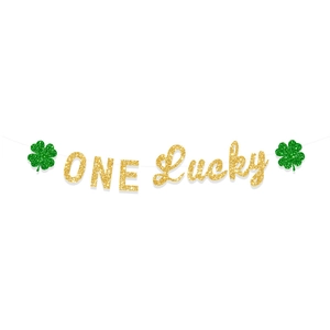 Detail of ONE Lucky banner with gold glitter letters and green clover for St. Patrick's Day